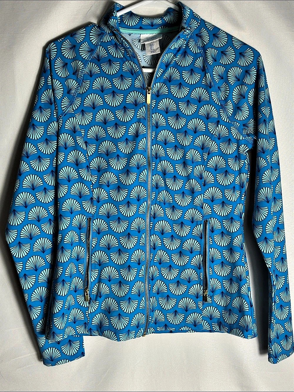 Sigrid Olsen Golf & Tennis Full Zip Jacket Blue Teal Shell Fan Print UPF 50